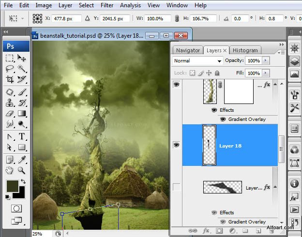 Fairy night. Beanstalk.Green, Beanstalk, theme, Green, fairy, tale, illustration, mystery, night, moon